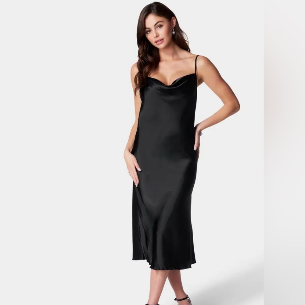 SATIN COWL NECK SLIP MIDI DRESS